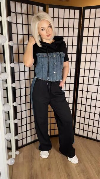 Melns kostīms ar džinsa elementiem